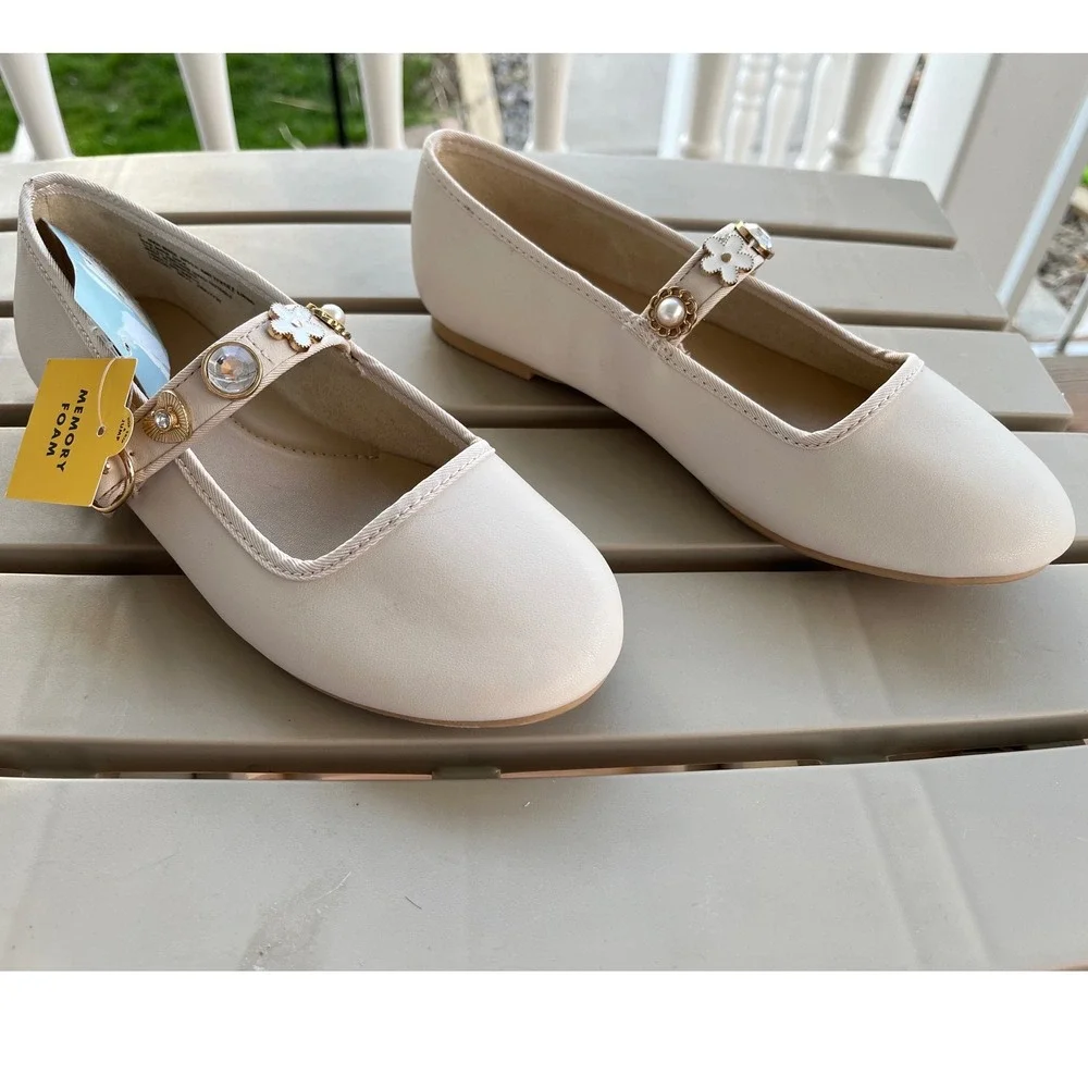 Cat &‎ Jack Marla Ivory Mary Jane Flats Embellished Strap Kids Size 3 NEW